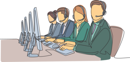 One single line drawing group of male and female customer service team members answer complaint phone call from clients kindly. Call center concept continuous line draw design illustration png