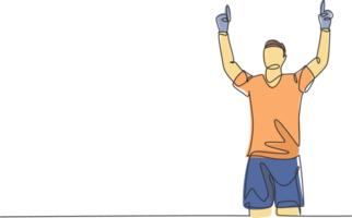 einer Single Linie Zeichnung von jung Fußball Spieler fühlt sich Dankbarkeit und zeigen das Finger zu das Himmel nach Tor punkten. Spiel Tor Feier Konzept kontinuierlich Linie zeichnen Design Illustration png