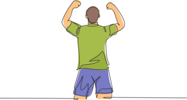One continuous line drawing of sporty young soccer player raises his fist hands up to the sky emotionally on field. Match goal scoring celebration concept single line draw design illustration png