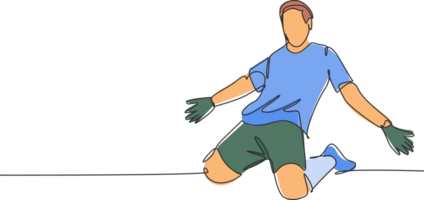 One continuous line drawing of young sporty soccer player spreading his arms and sliding over the field. Match goal scoring celebration concept single line draw design illustration png