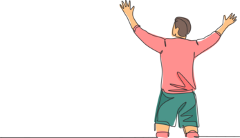 een doorlopend lijn tekening van sportief jong voetbal speler verspreiden zijn armen en schreeuwen luid Aan de veld. bij elkaar passen doel scoren viering concept single lijn trek ontwerp illustratie png