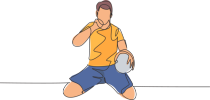 een doorlopend lijn tekening van jong voetbal speler houdt de bal Aan hand- en stempel vuist naar de lucht naar vieren de doel. doel scoren viering concept single lijn trek ontwerp illustratie png