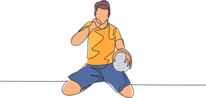 einer kontinuierlich Linie Zeichnung von jung Fußball Spieler hält das Ball auf Hand und schlagen Faust zu das Himmel zu feiern das Ziel. Tor Wertung Feier Konzept Single Linie zeichnen Design Illustration png