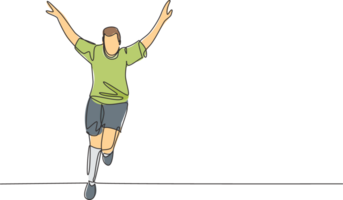 soltero continuo línea dibujo de joven deportivo fútbol jugador corriendo alrededor el campo mientras extensión su brazos en campo. partido fútbol objetivo celebracion concepto uno línea dibujar diseño ilustración png