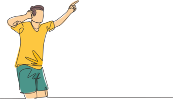 Single continuous line drawing of young sporty football player holding his ears with hands on field after scoring goal. Match soccer goal celebration concept one line draw design illustration png