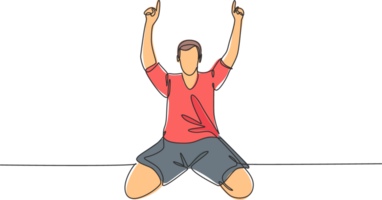 One single line drawing of young football player pointing his fingers to the sky celebrating his goal scoring at field. Match goal celebration concept continuous line draw design illustration png