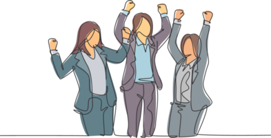 One continuous line drawing of young happy businesswomen prancing with joy at the meeting room together. Business teamwork celebration concept single line draw graphic design illustration png