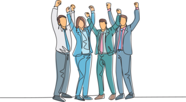 One single line drawing of young happy male and female worker raise their hands on the office room together. Business teamwork celebration concept continuous line draw design illustration png