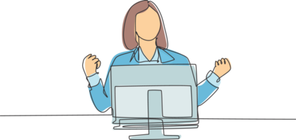 Single continuous line drawing of young happy female worker celebrating her promotion on work desk in front of computer monitor. Business celebration concept one line draw design illustration png