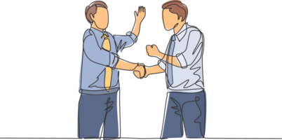 One single line drawing of two young happy businessmen colleagues shaking their hands to deal teamwork. Business agreement celebration concept continuous line graphic draw design illustration png