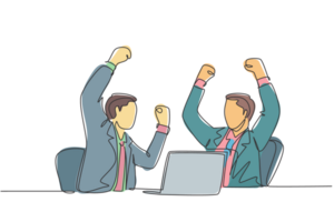 One continuous line drawing of two young businessman raise their hands up to the sky after watching sales increasing on laptop. Business celebration concept single line draw design illustration png