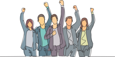 One continuous line drawing of young happy male and female worker raise their hands up to the sky together. Business teamwork celebration concept single line graphic draw design illustration png