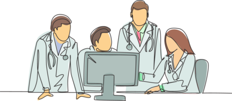 One continuous line drawing group of young doctor discuss proper treatment while watching patient medical report on computer. Hospital health care concept single line draw design illustration png