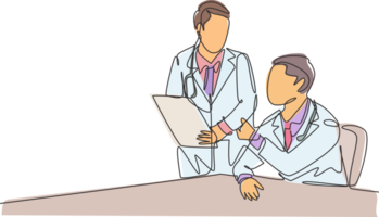 One continuous line drawing of two young doctor discuss and diagnosing patient illness from their x-ray photo result. Hospital health care service concept single line draw design illustration png