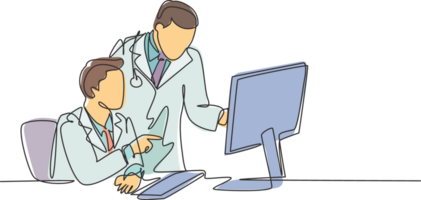 One continuous line drawing of two young male doctors discussing while watching patient medical record at computer screen. Hospital health care concept single line draw design illustration png