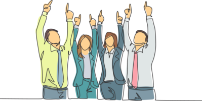 One single line drawing group of young happy male and female workers pointing and raise finger to the sky. Business teamwork celebration concept continuous line draw design graphic illustration png