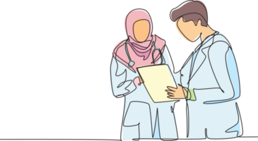 1 solteiro linha desenhando do jovem masculino médico discutindo com fêmea árabe médico enquanto em pé às a hospital corredor. médico saúde Cuidado conceito contínuo linha desenhar Projeto ilustração png