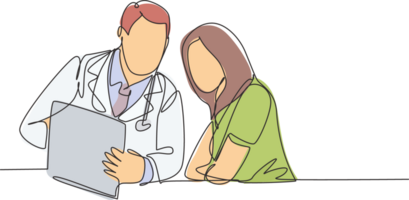 One continuous line drawing of young male doctor giving consultation session to female patient while reading medical record. Hospital health care concept single line draw design illustration png