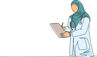 One single line drawing of young Arabian muslimah doctor wearing hijab writing medical report on clipboard at hospital. Medical health care concept continuous line draw design illustration png