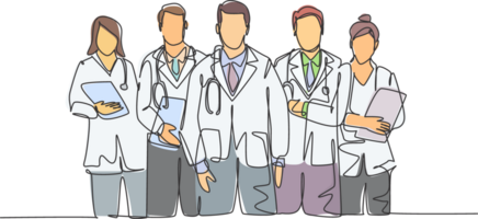 Single continuous single line drawing group of talented male and female doctors standing and posing together at hospital. Medical health care treatment concept one line draw design illustration png