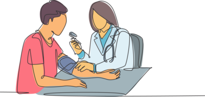 One continuous single line drawing of young female doctor check the patient's blood pressure and pulse rate at hospital. Medical checkup healthcare concept single line draw design illustration png