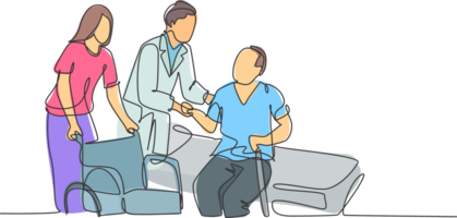 One single line drawing of young male doctor helping old patient get to wheelchair from hospital bed. Trendy medical health care service concept continuous line draw design graphic illustration png