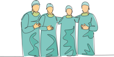 Single continuous single line drawing group of surgeon doctors standing and posing after do operating surgery at hospital. Medical care treatment concept one line draw design illustration png