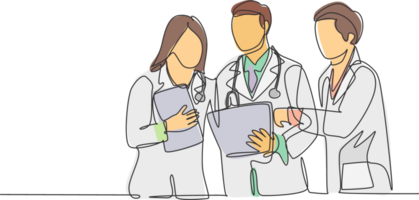 One continuous single line drawing of male and female doctors discussing patient health condition while reading the medical report. Medical checkup concept single line draw design illustration png