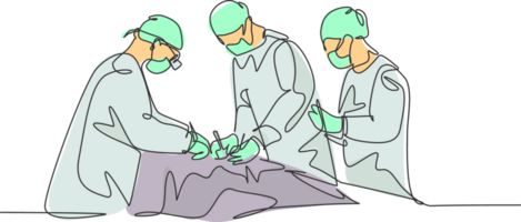 Single continuous single line drawing group of team surgeon doctor doing surgery operation to the patient with critical condition. Operating surgery concept one line draw design illustration png