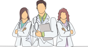 One continuous single line drawing group of young male and female doctors pose standing together while holding medical report. Teamwork medical concept single line draw design illustration png