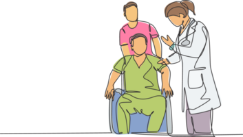 One continuous single line drawing of young female doctor giving consultation session to the patient on wheelchair. Medical health care treatment concept single line draw design illustration png