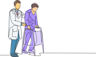 Single continuous single line drawing of young male doctor give help to the patient to walk therapy using crutch at hospital. Medical treatment service concept one line draw design illustration png