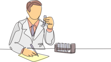 Single continuous line drawing of young male laboratorian writing drug antibiotic formula at laboratory to find covid 19 vaccine. Coronavirus medical research concept one line draw design illustration png