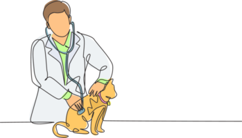 enda kontinuerlig linje teckning av ung manlig veterinär granskning och ta vård av en sjuk katt eftersom av en bakterie. sällskapsdjur hälsa vård service begrepp ett linje dra design illustration png