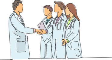 One continuous single line drawing of hospital head giving congratulate handshake to group of doctors for the achievements. Medical award concept single line draw graphic design illustration png