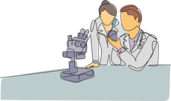 One continuous line drawing of scientist analyze blood sample using laboratory microscope to find covid19 vaccine. Medical research coronavirus concept single line draw design illustration png