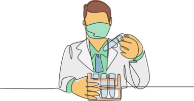 One continuous line drawing of young male laboratorian test blood sample from glass tube to find covid-19 vaccine. Coronavirus medical research concept single line draw design illustration png