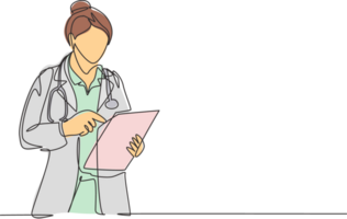 One single line drawing of young female doctor reading patient medical record on clipboard while stand at hospital hallway. Medical health care concept continuous line draw design illustration png