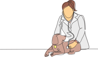 een single lijn tekening van jong gelukkig vrouw dierenarts onderzoeken en nemen zorg van een ziek hond omdat van een virus. huisdier Gezondheid zorg onderhoud concept doorlopend lijn trek ontwerp illustratie png