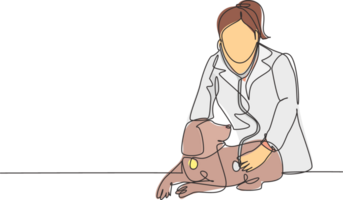 un Célibataire ligne dessin de Jeune content femelle vétérinaire examiner et prendre se soucier de une malade chien car de une virus. animal de compagnie santé se soucier un service concept continu ligne dessiner conception illustration png