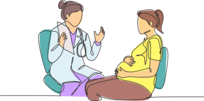 een single lijn tekening van vrouw verloskunde en gynaecologie dokter geven overleg sessie naar de zwanger geduldig. zwangerschap Gezondheid zorg concept doorlopend lijn trek ontwerp illustratie png
