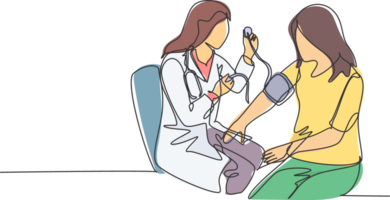 One continuous line drawing of young female doctor checking patient pulse rate and blood tension using tensiometer. Medical health care treatment concept single line draw design illustration png