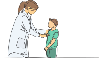 ett enda linje teckning av kvinna pediatrisk läkare granskning hjärta slå ung pojke patient med stetoskop. trendig medicinsk hälsa vård behandling begrepp kontinuerlig linje dra design illustration png