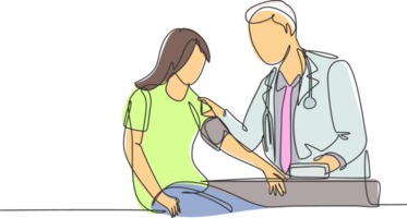 Single continuous line drawing of young male doctor examining young woman patient pulse rate and blood pressure using tensiometer. Medical treatment concept one line draw design illustration png