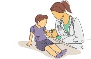 enda kontinuerlig linje teckning av kvinna pediatrisk läkare ger vaccin immunisering injektion till ung pojke patient. medicinsk hälsa vård behandling begrepp ett linje dra design illustration png