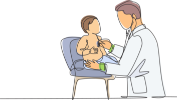 Single continuous line drawing of young male pediatric doctor examining heart beat cute toddler patient with stethoscope. Medical health care treatment concept one line draw design illustration png