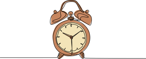 One continuous line drawing of classic analog desk alarm clock with big ring bell to tell the time. Table timepiece concept. Single line draw design illustration graphic png