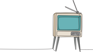 One continuous line drawing of retro old fashioned tv with wooden table and table legs. Classic vintage analog television concept single line draw design graphic illustration png