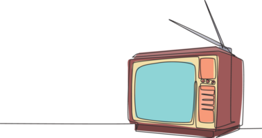 One continuous line drawing of retro old fashioned tv with wooden case and internal antenna. Classic vintage analog television concept single line draw design graphic illustration png