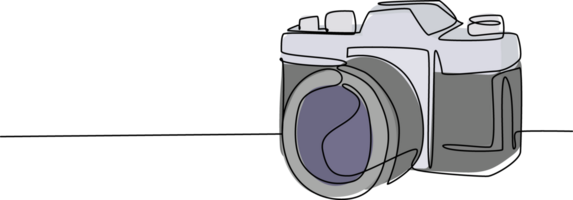 One single line drawing of old retro analog slr camera with telephoto lens. Vintage classic photography equipment concept continuous line draw graphic design illustration png